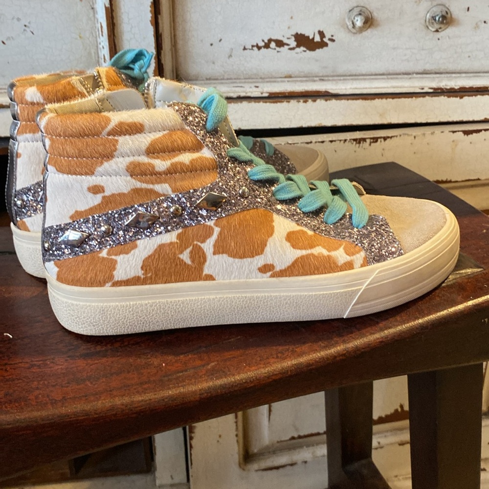 Gianni bini Womens Cow Fur Glitter Colorblock High Top Sneakers - Picture 3 of 8
